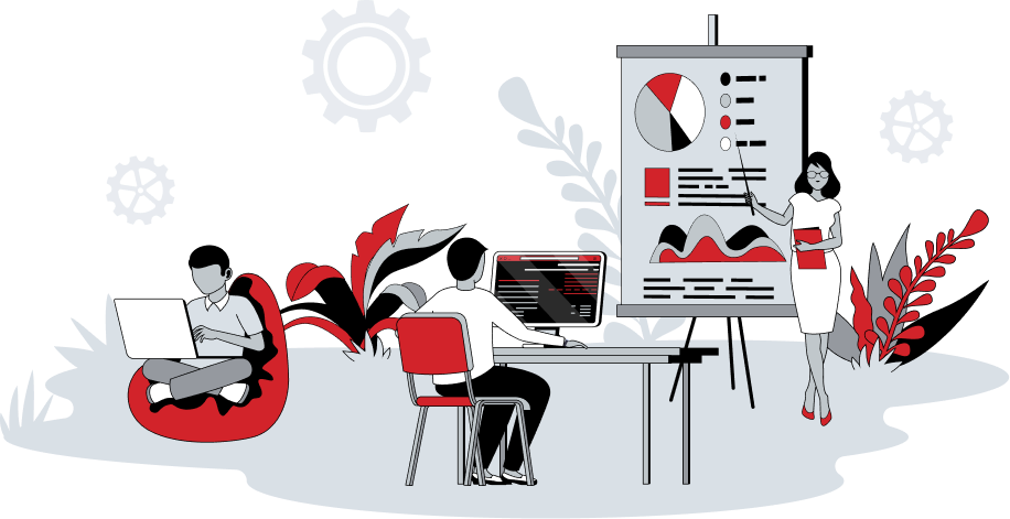 Illustration mehrerer Personen in einer Lernsituation. Eine Person arbeitet am Laptop, eine weitere am Tisch vor einem Bildschirm, eine dritte Person steht neben einer Präsentation mit Diagrammen und Texten.