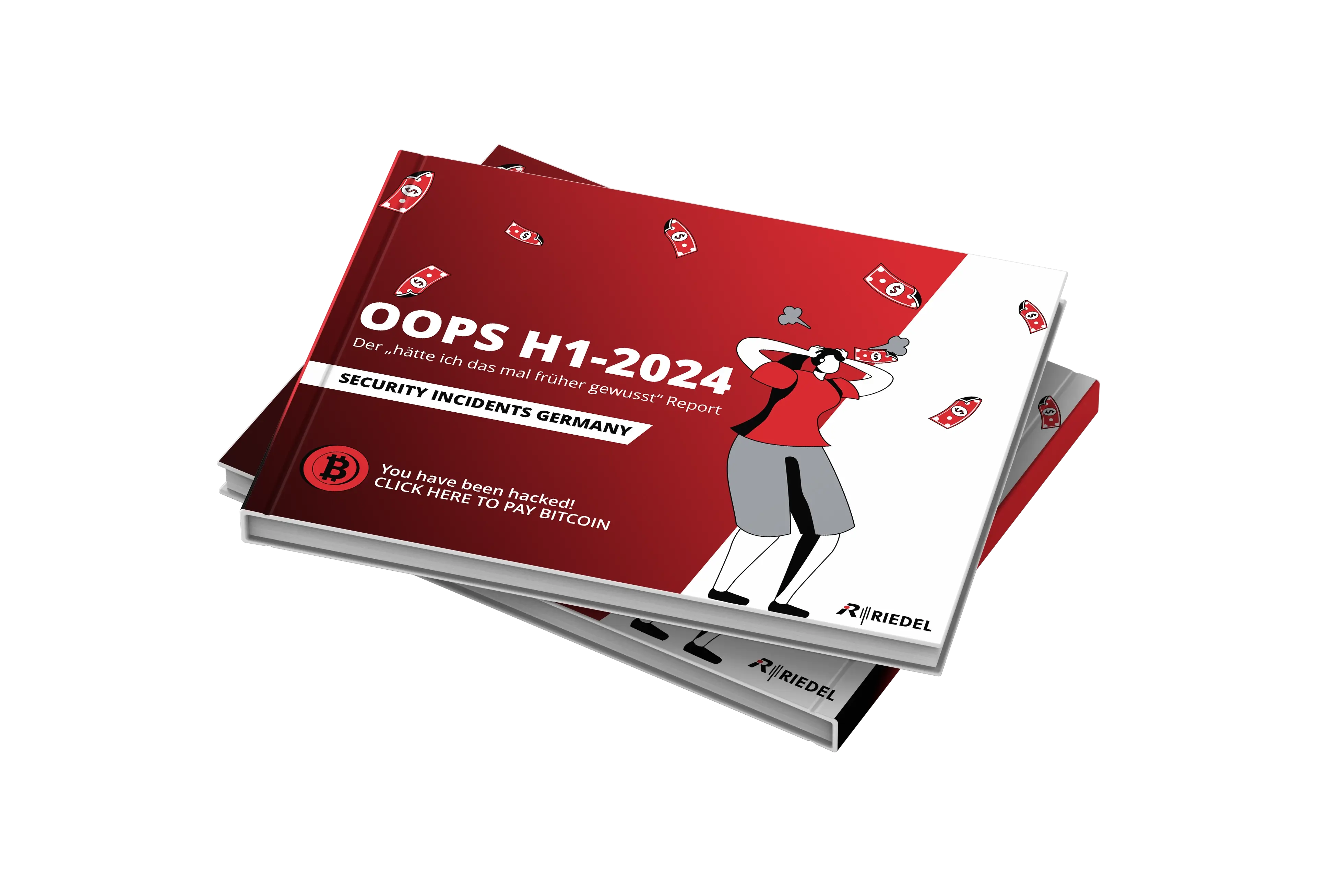 OOPS H1-2024 Report von RIEDEL Networks mit rotem Cover und Illustration einer Person mit Fernglas. Titel: ‚Security Incidents Germany‘.